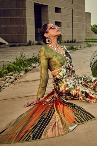 Green Printed Satin Crepe Saree_Kumari Sarees