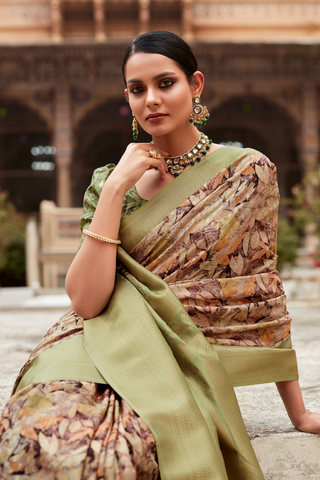 Light Green Soft Tissue With Zari Digital Print Saree