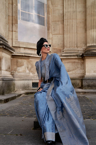 Dusky Blue Pure Satin Nylon Handloom Weaving Silk Saree