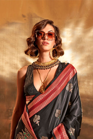 Black Banarasi Pure Satin Handloom Weaving Saree_Kumari Sarees