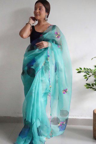 Blue Organza Silk Saree_Kumari Sarees