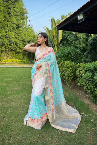 Blue Organza Silk Saree_Kumari sarees