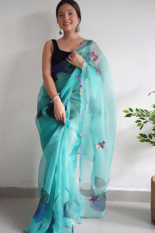 Blue Organza Silk Saree_Kumari Sarees