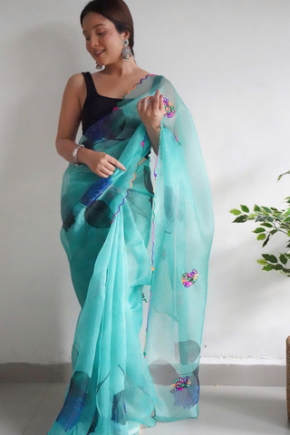 Blue Organza Silk Saree_Kumari Sarees
