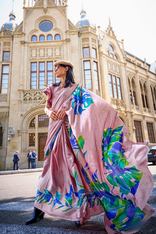Baby Pink & Blue Print Satin Crepe Saree_Kumari Sarees