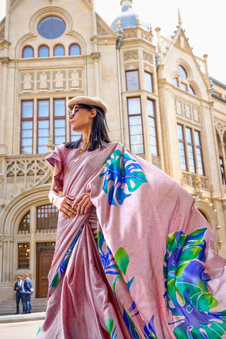 Baby Pink & Blue Print Satin Crepe Saree_Kumari Sarees