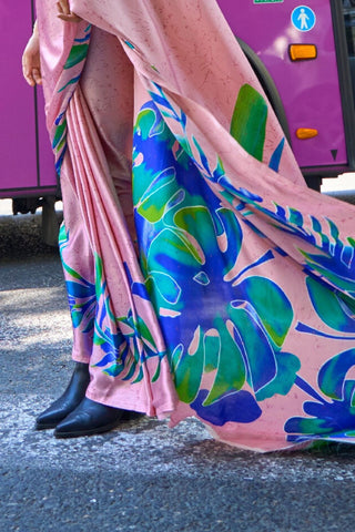 Baby Pink & Blue Print Satin Crepe Saree_Kumari Sarees
