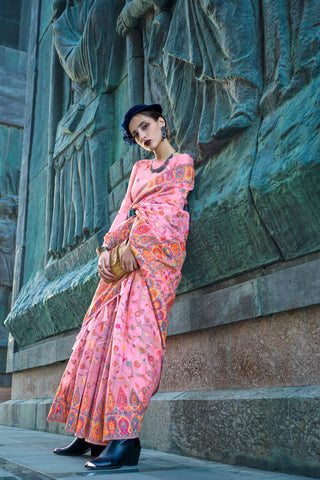 Baby Pink Organza Kashmiri Handloom Weaving Saree_Kumari Sarees