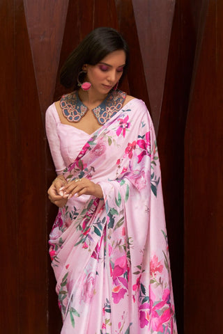 Baby Pink Digital Printed Satin Crepe Saree_Kumari Sarees