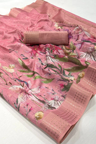 Baby Pink Printed Handloom Linen Saree_Kumari Sarees