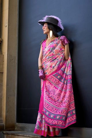 Baby Pink Satin Crepe Saree_Kumari Sarees