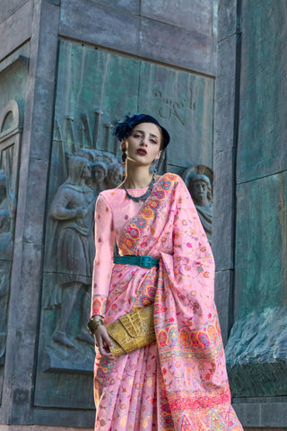Baby Pink Organza Kashmiri Handloom Weaving Saree_Kumari Sarees