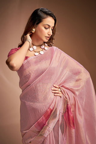 Baby Pink Zari base Crushed Tissue Saree_Kumari Sarees