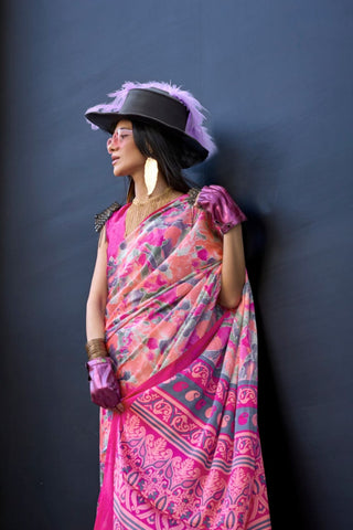 Baby Pink Satin Crepe Saree_Kumari Sarees