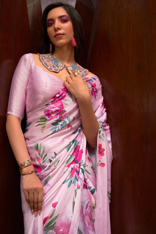 Baby Pink Digital Printed Satin Crepe Saree_Kumari Sarees