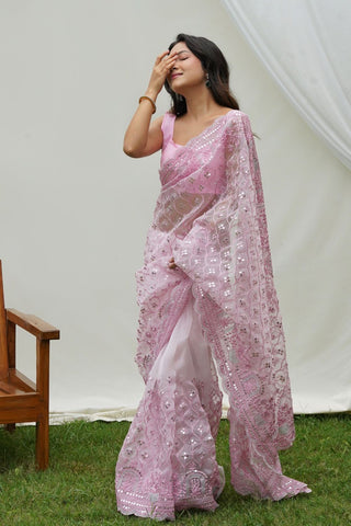 Baby Pink Organza Silk Saree_Kumari Sarees