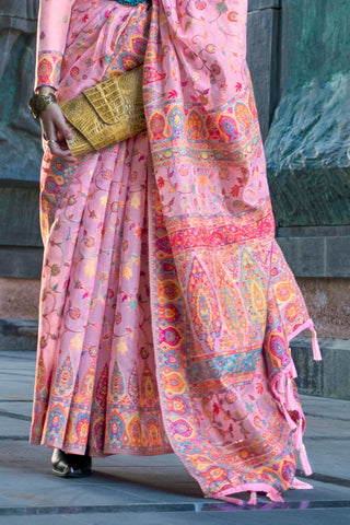 Baby Pink Organza Kashmiri Handloom Weaving Saree_Kumari Sarees