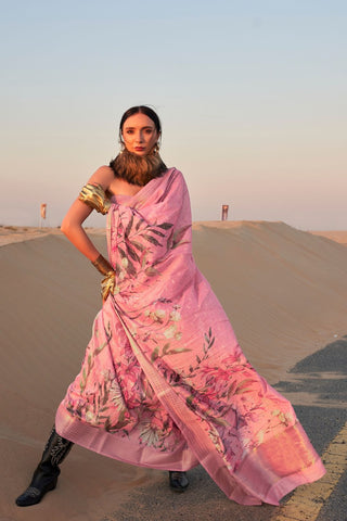 Baby Pink Printed Handloom Linen Saree_Kumari Sarees