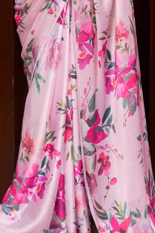 Baby Pink Digital Printed Satin Crepe Saree_Kumari Sarees