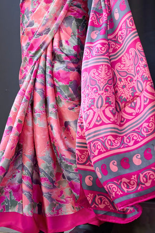 Baby Pink Satin Crepe Saree_Kumari Sarees