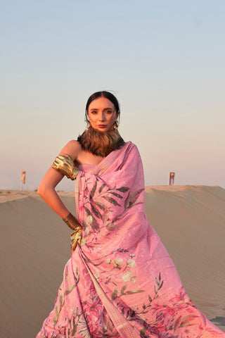 Baby Pink Printed Handloom Linen Saree_Kumari Sarees