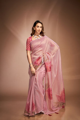 Baby Pink Zari base Crushed Tissue Saree_Kumari Sarees