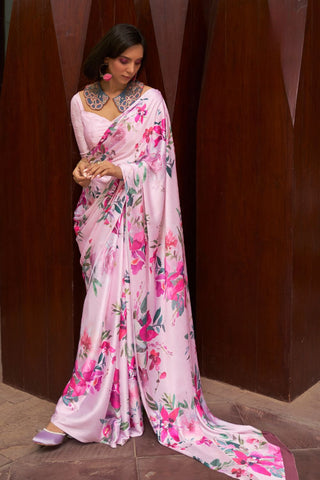 Baby Pink Digital Printed Satin Crepe Saree_Kumari Sarees