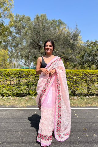 Baby Pink Organza Silk Saree_Kumari Sarees