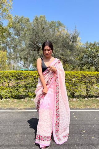 Baby Pink Organza Silk Saree_Kumari Sarees