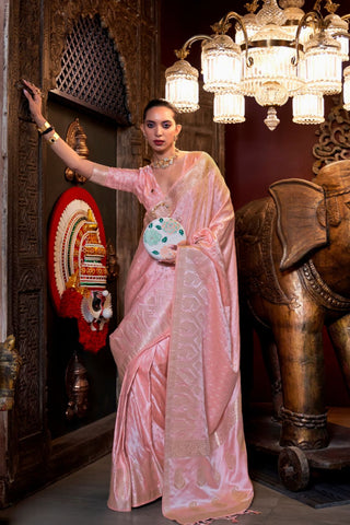 Baby Pink Pure Satin Handloom Weaving Saree_Kumari Sarees