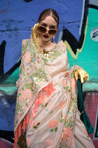 Beige Parsi Weaving - Handwoven Textured Silk Saree_Kumari Sarees