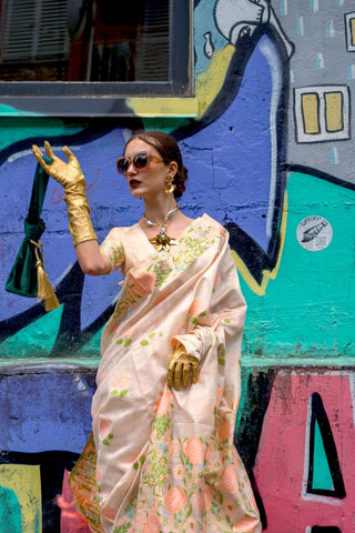 Beige Parsi Weaving - Handwoven Textured Silk Saree_Kumari Sarees