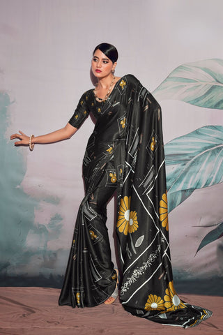 Black Satin Crepe With Digital Print Saree_Kumari Sarees