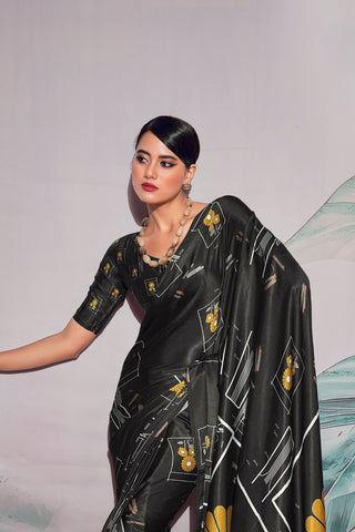 Black Satin Crepe With Digital Print Saree_Kumari Sarees
