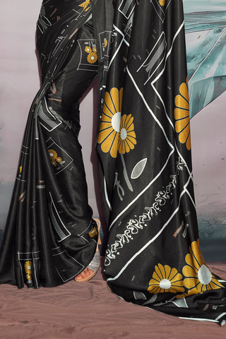 Black Satin Crepe With Digital Print Saree_Kumari Sarees