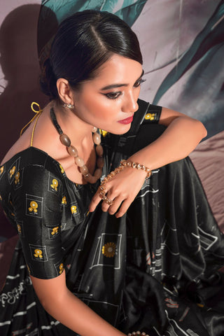 Black Satin Crepe With Digital Print Saree_Kumari Sarees