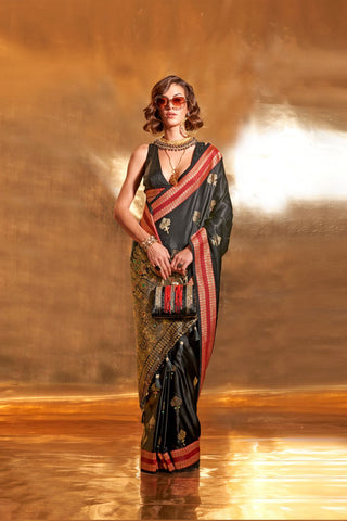 Black Banarasi Pure Satin Handloom Weaving Saree_Kumari Sarees