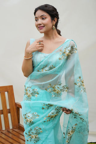 Blue Organza Silk Saree_Kumari arees
