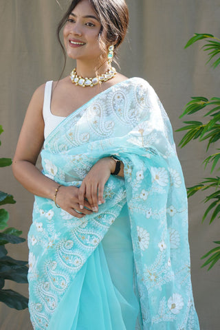 Blue Organza Silk Saree_Kumari Sarees