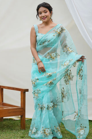 Blue Organza Silk Saree_Kumari arees