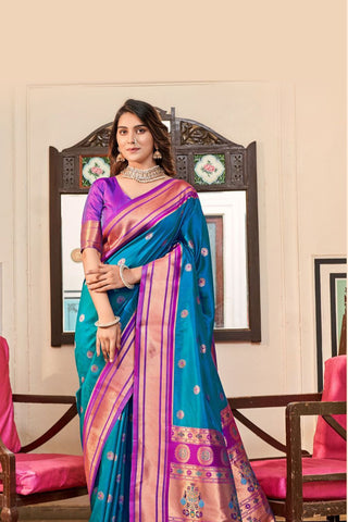 Blue Soft Peshwai Paithani Silk Saree_Kumari Sarees