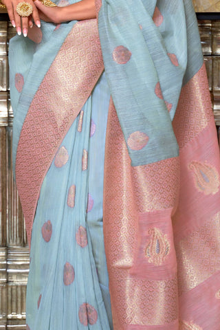 Light Blue & Pink Pure Linen Weaving Saree_Kumari Sarees