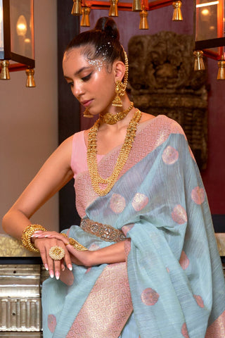 Light Blue & Pink Pure Linen Weaving Saree_Kumari Sarees