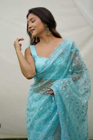 Blue Organza Silk Saree_Kumari Sarees