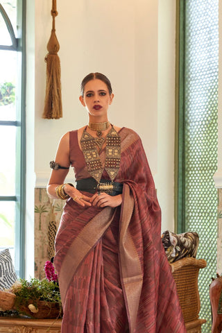 Brown Pure Handloom Two Tone Organza Weaving Saree_Kumari Sarees