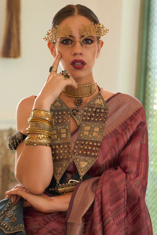 Brown Pure Handloom Two Tone Organza Weaving Saree_Kumari Sarees