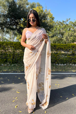 Cream Chiffon Silk Saree