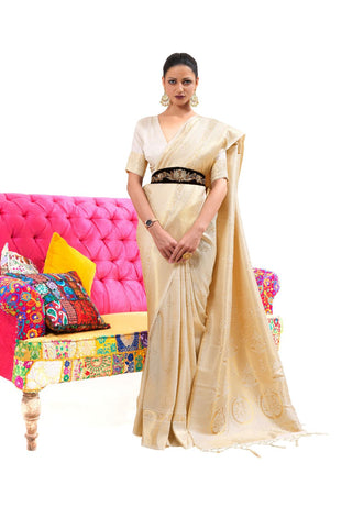 CREAM KANJEEVARAM HANDLOOM SILK SAREE