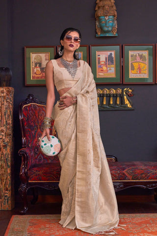 Cream Pure Katan Handloom Weaving Silk Saree_Kumari Sarees
