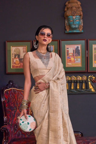 Cream Pure Katan Handloom Weaving Silk Saree_Kumari Sarees